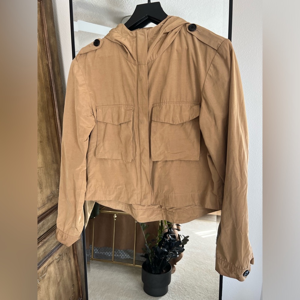 Organic by John Patrick Pocket Hoodie Cropped Jacket Nylon Tan Khaki - Picture 4 of 4